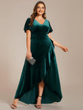 Plus Size V-Neck Short Sleeves Ruffle Velvet Evening Dress