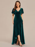 V-Neck Short Sleeves Velvet Evening Dress with Ruffle Hem