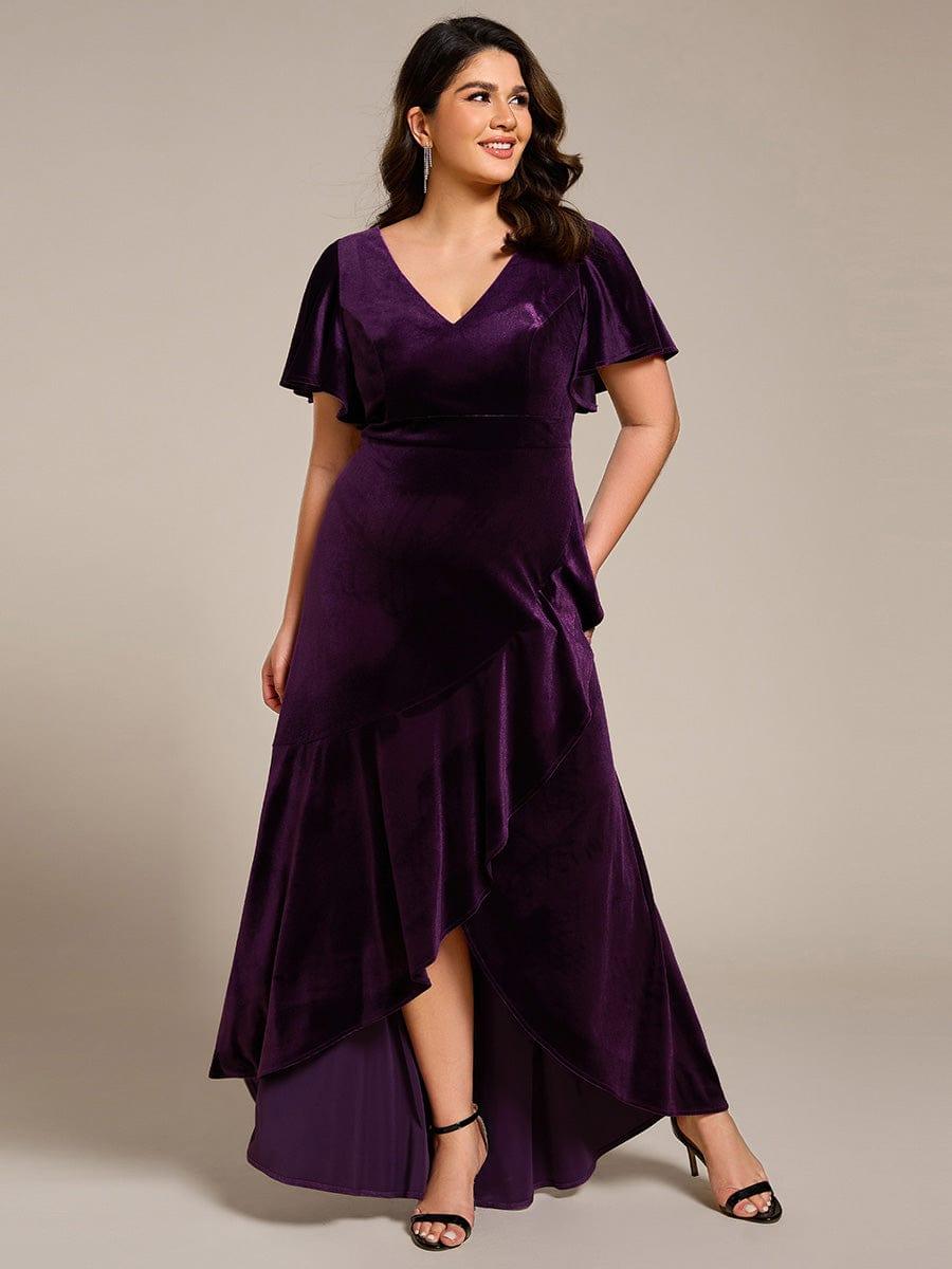 V-Neck Short Sleeves Velvet Evening Dress with Ruffle Hem