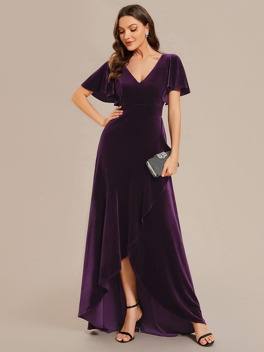 V-Neck Short Sleeves Velvet Evening Dress with Ruffle Hem