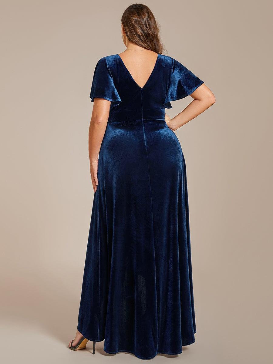Plus Size V-Neck Short Sleeves Ruffle Velvet Evening Dress