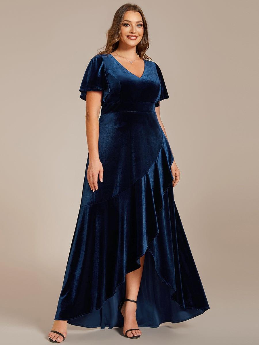 V-Neck Short Sleeves Velvet Evening Dress with Ruffle Hem