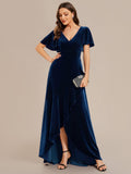 V-Neck Short Sleeves Velvet Evening Dress with Ruffle Hem