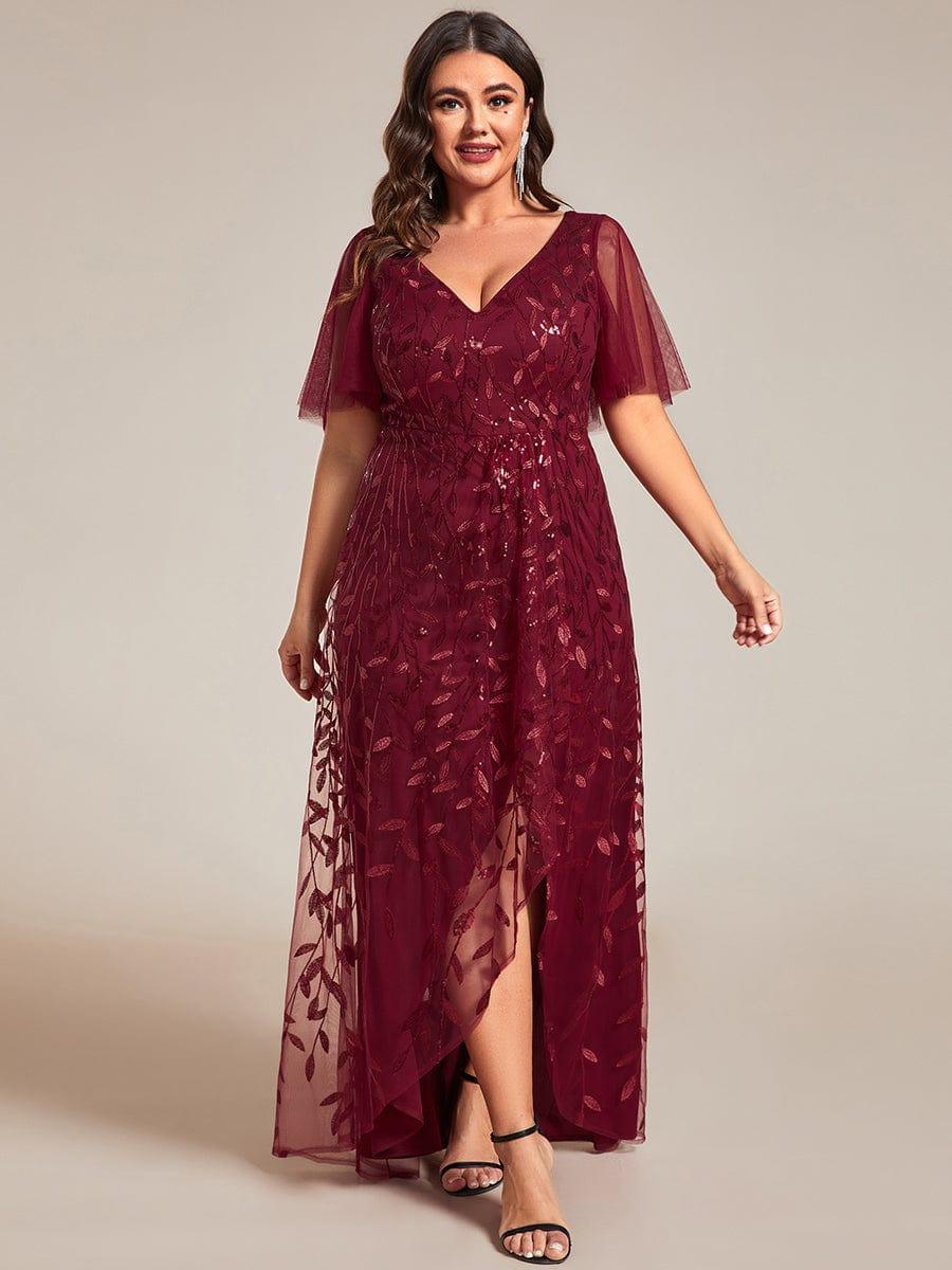 Plus Size V-Neck Sequin High Low A-Line Formal Evening Dress