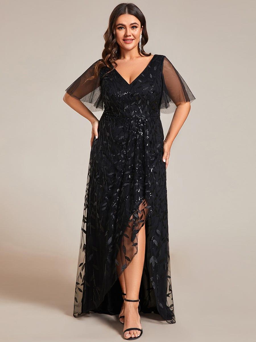 Plus Size V-Neck Sequin High Low A-Line Formal Evening Dress