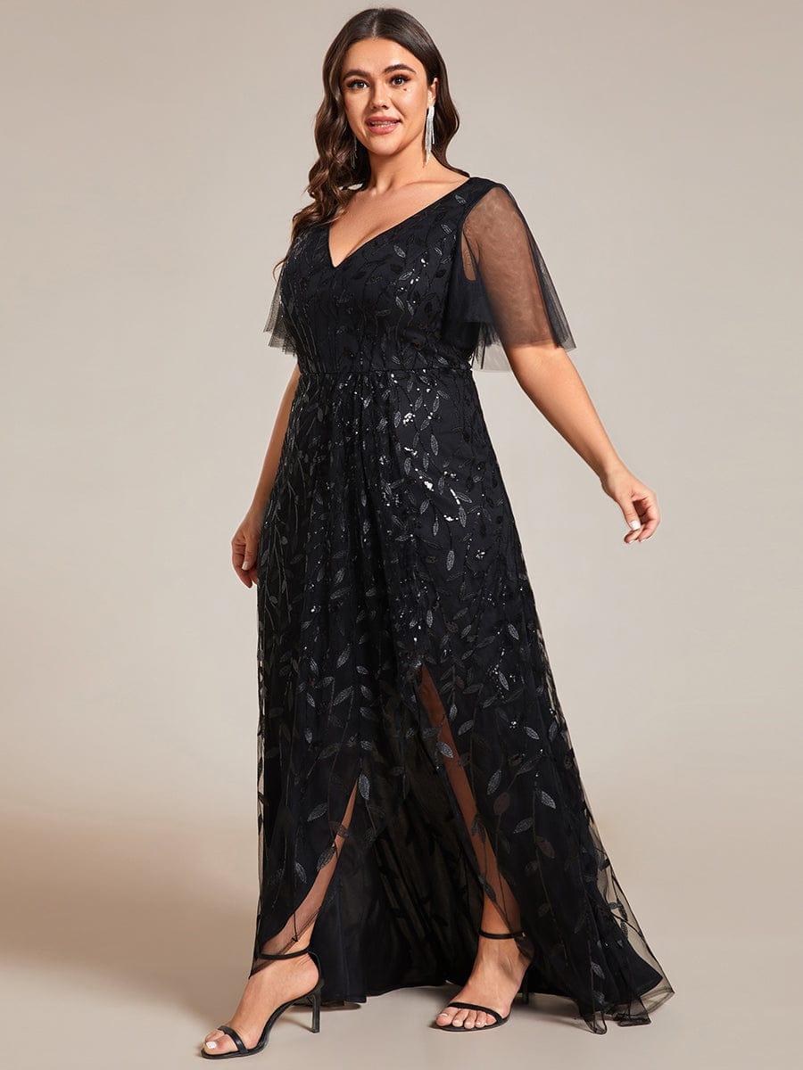 Plus Size V-Neck Sequin High Low A-Line Formal Evening Dress