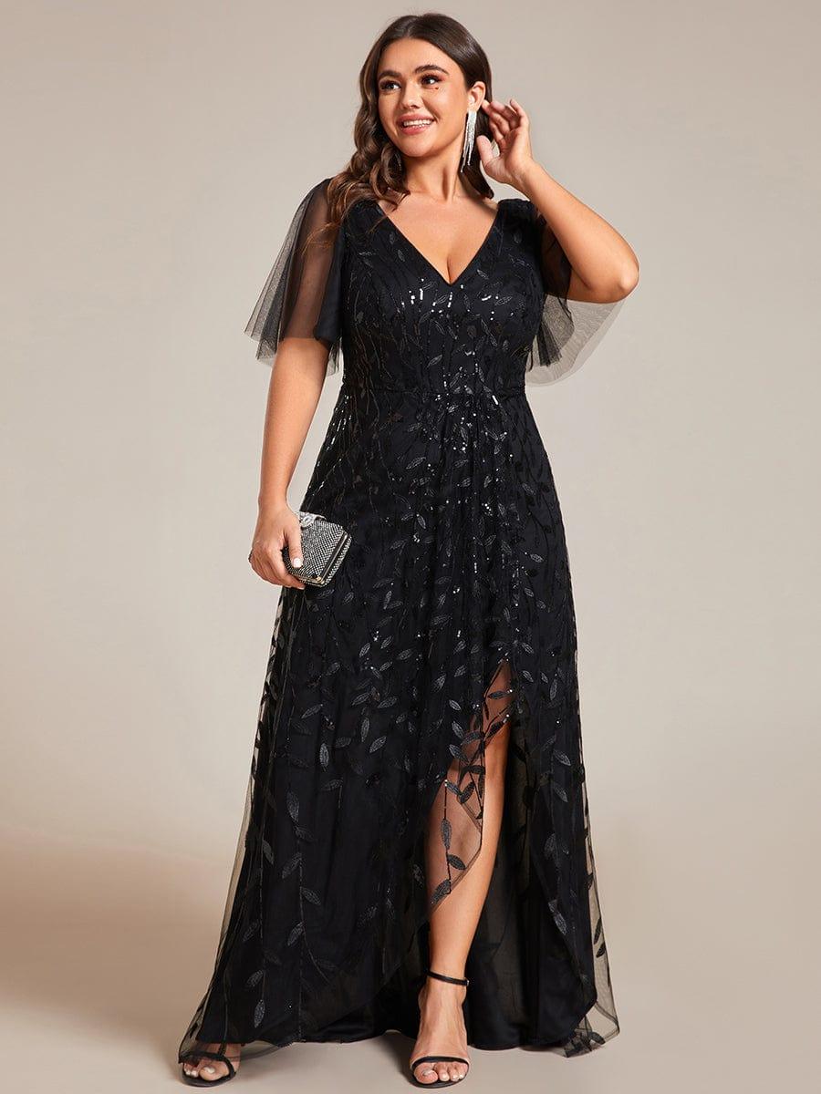 Plus Size V-Neck Sequin High Low A-Line Formal Evening Dress