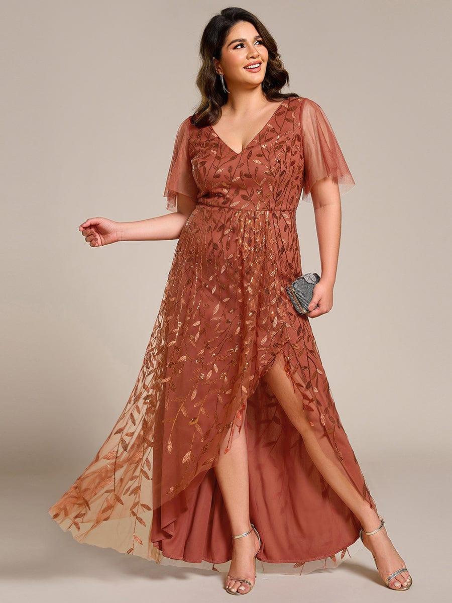 Plus Size V-Neck Sequin High Low A-Line Formal Evening Dress