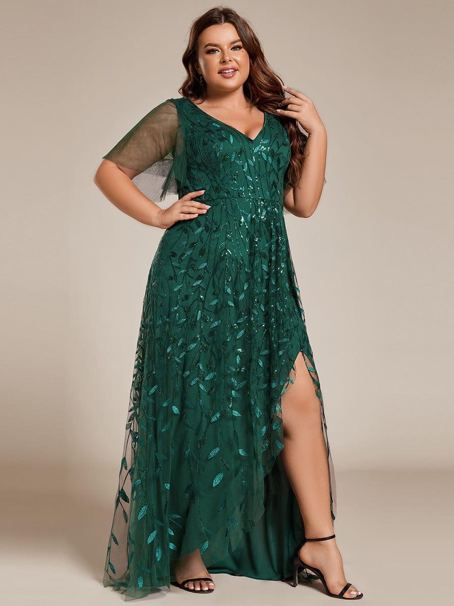 Plus Size V-Neck Sequin High Low A-Line Formal Evening Dress