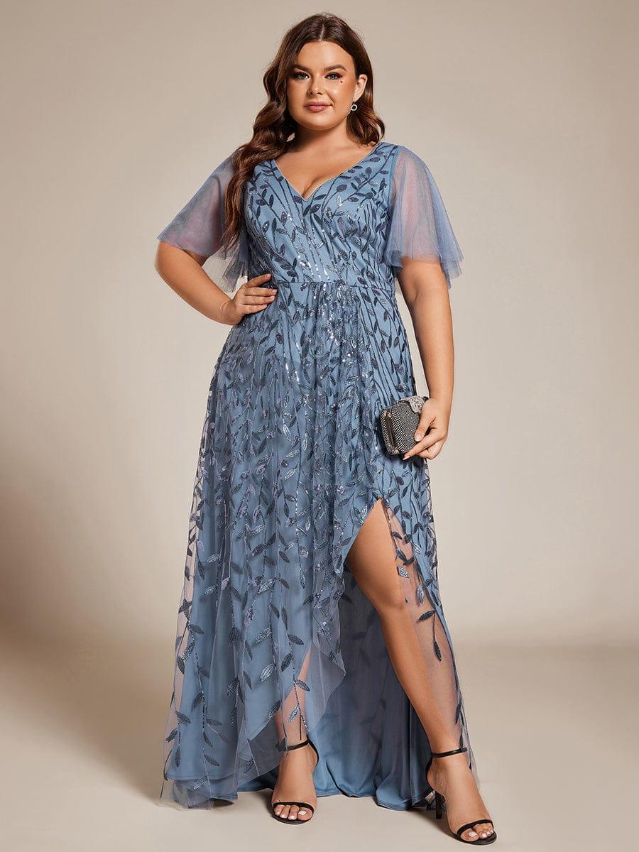 Plus Size V-Neck Sequin High Low A-Line Formal Evening Dress