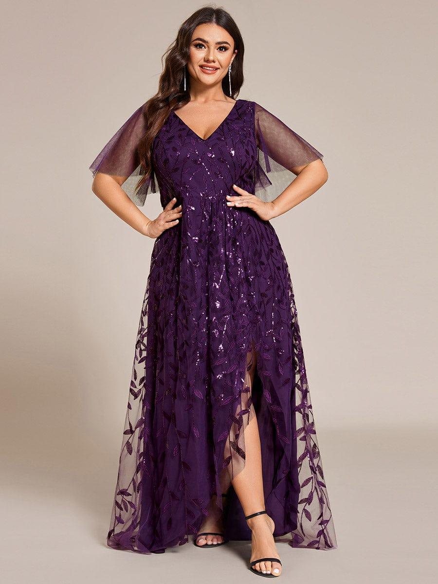 Plus Size V-Neck Sequin High Low A-Line Formal Evening Dress