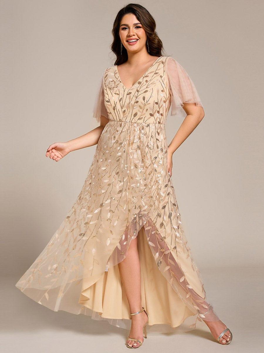 Plus Size V-Neck Sequin High Low A-Line Formal Evening Dress