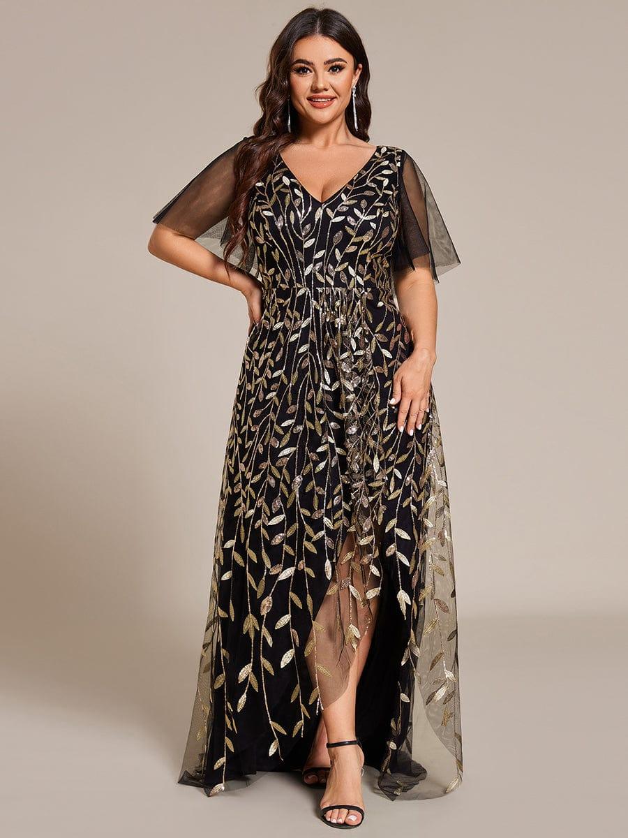 Plus Size V-Neck Sequin High Low A-Line Formal Evening Dress