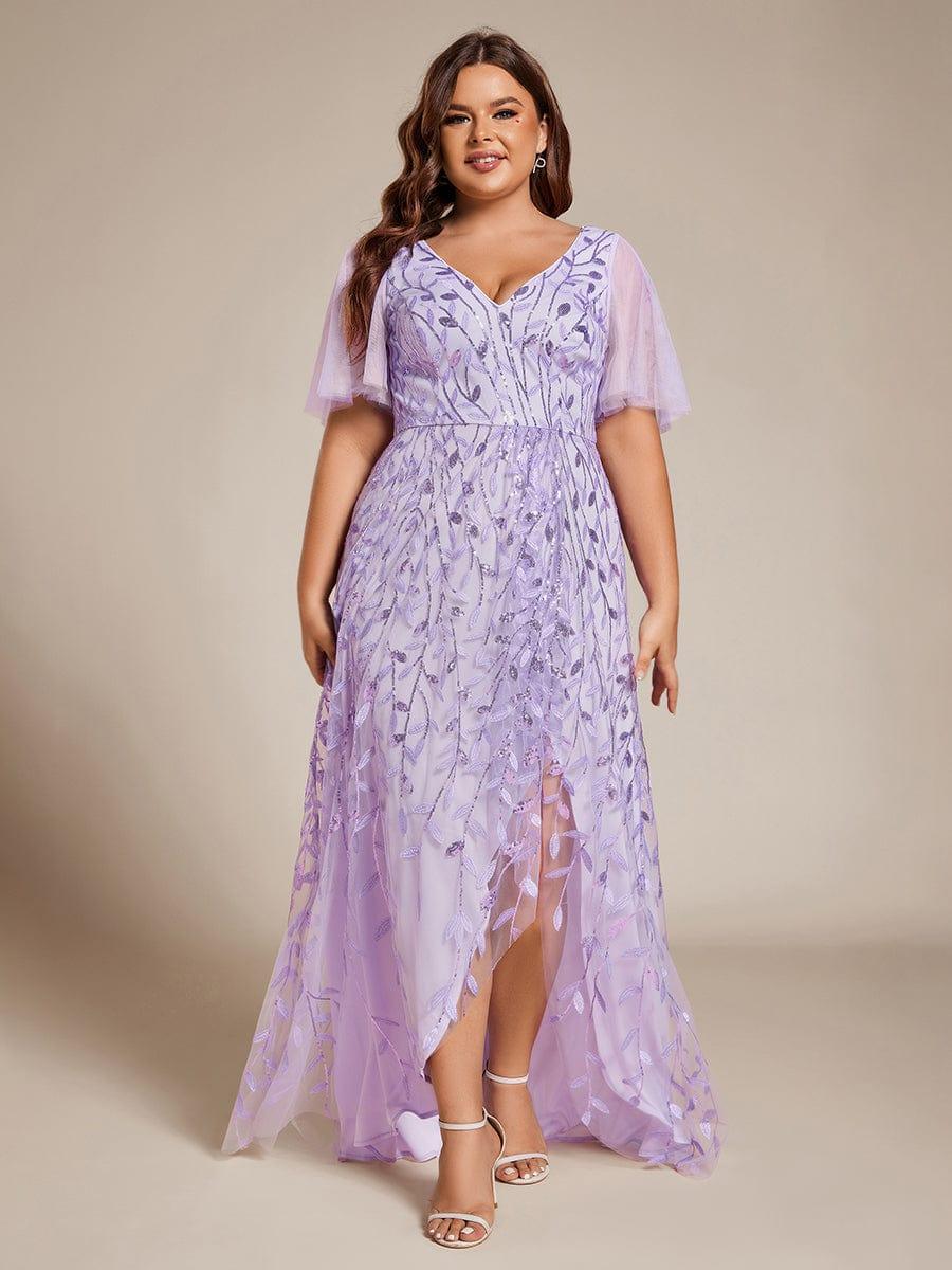 Plus Size V-Neck Sequin High Low A-Line Formal Evening Dress
