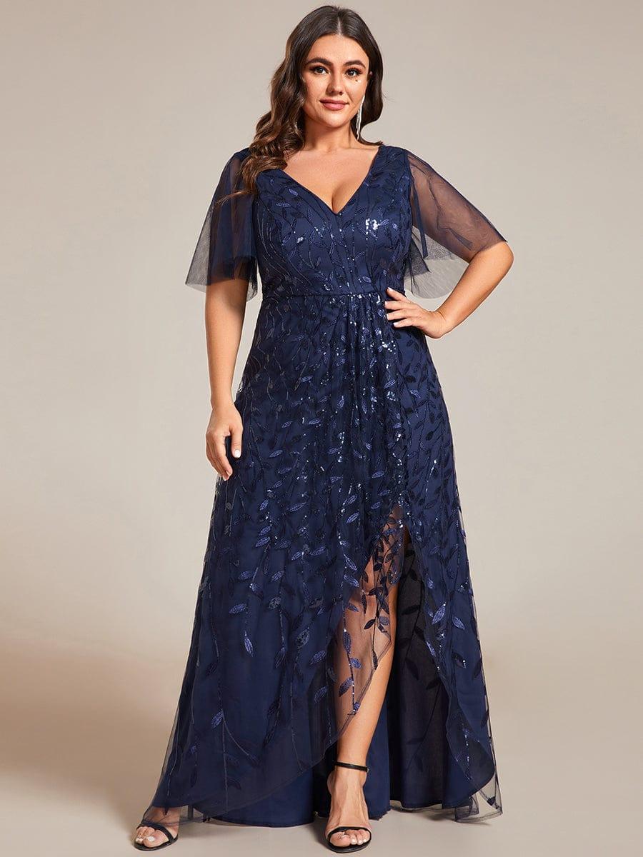 Plus Size V-Neck Sequin High Low A-Line Formal Evening Dress
