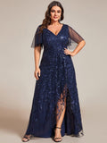 Plus Size V-Neck Sequin High Low A-Line Formal Evening Dress