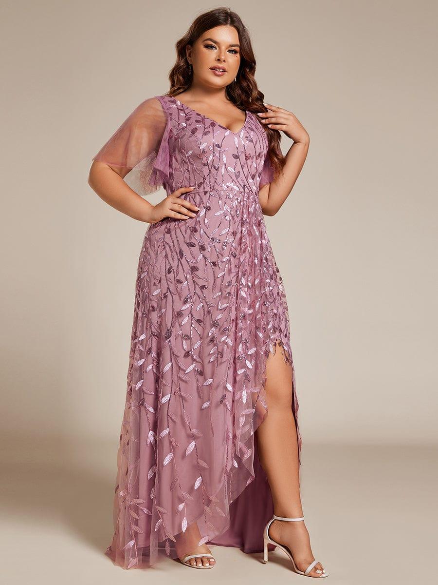 Plus Size V-Neck Sequin High Low A-Line Formal Evening Dress