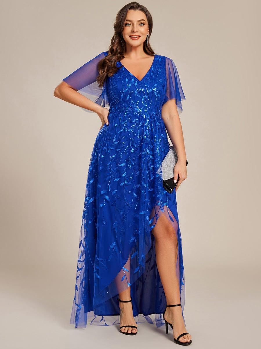 Plus Size V-Neck Sequin High Low A-Line Formal Evening Dress