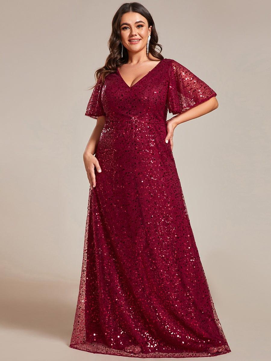 Sparkly V-Neck Sequin Short Sleeves Evening Dress