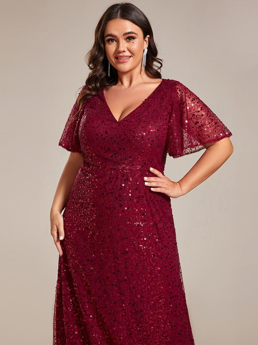 Sparkly V-Neck Sequin Short Sleeves Evening Dress