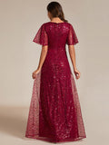 Sparkly V-Neck Sequin Short Sleeves Evening Dress