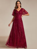 Sparkly V-Neck Sequin Short Sleeves Evening Dress