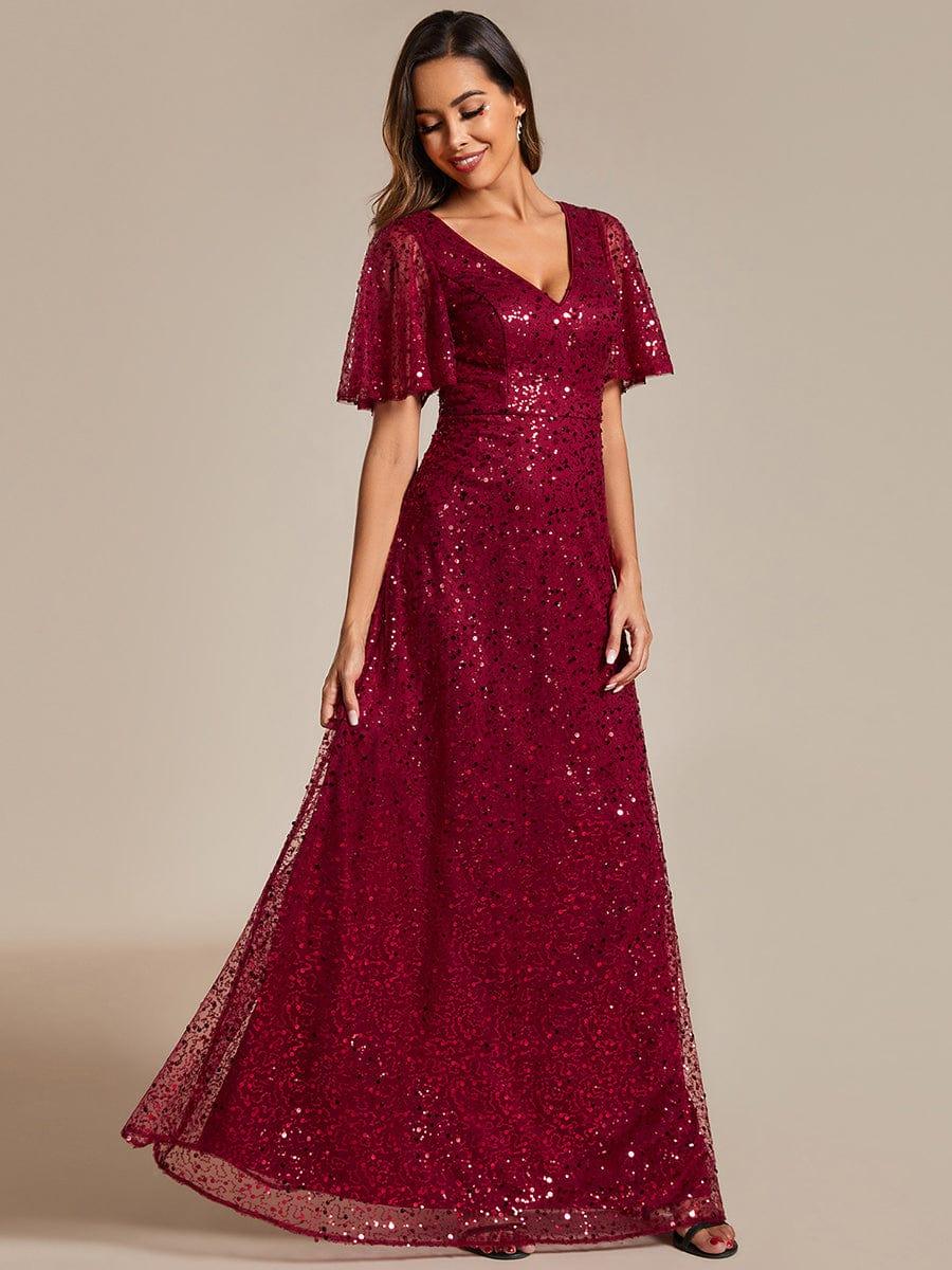 Sparkly V-Neck Sequin Short Sleeves Evening Dress