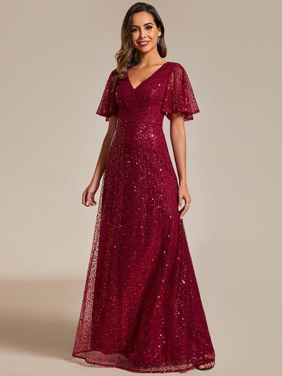 Sparkly V-Neck Sequin Short Sleeves Evening Dress