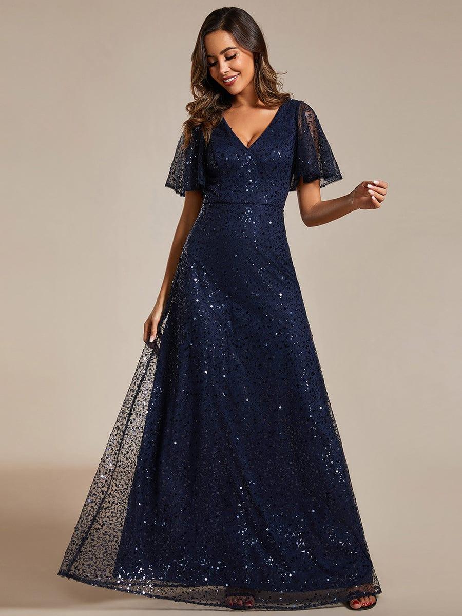 Sparkly V-Neck Sequin Short Sleeves Evening Dress