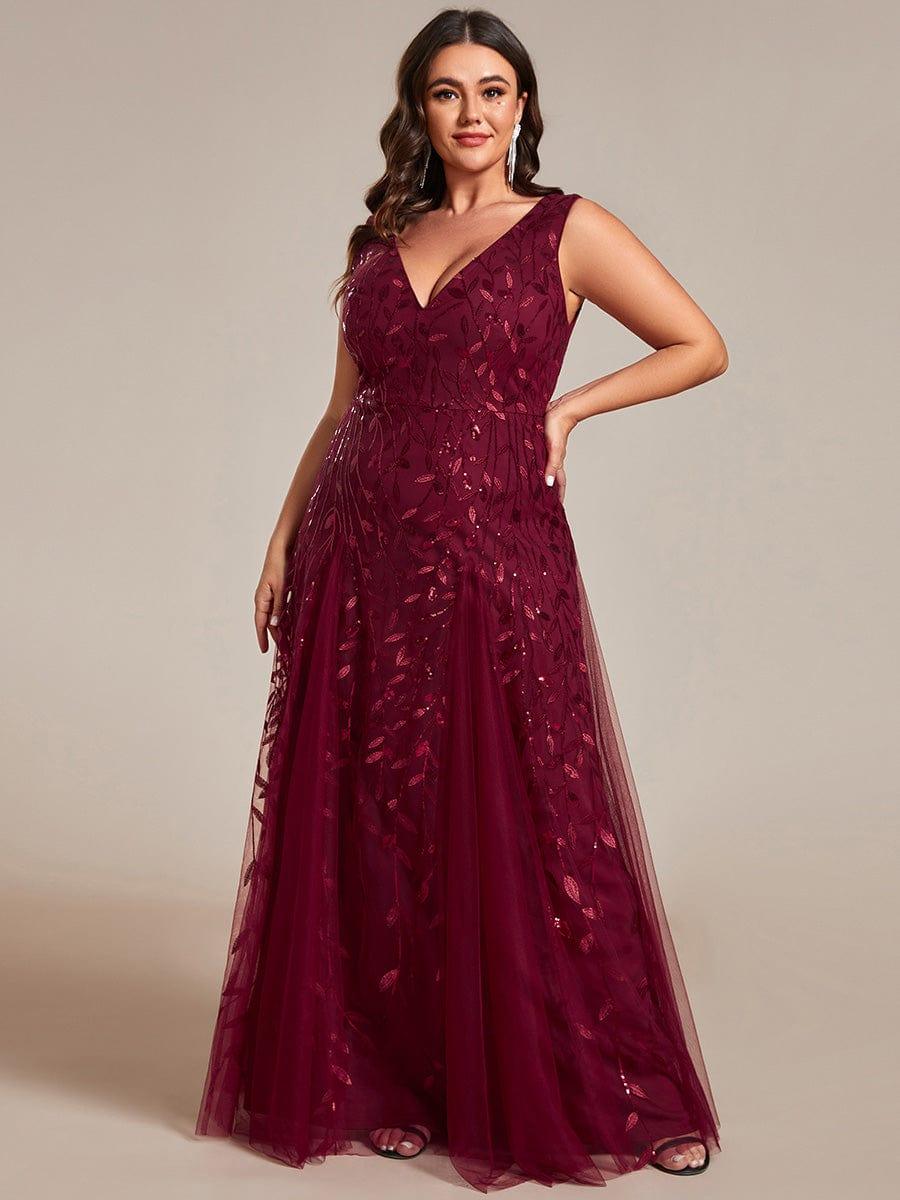 Plus Size V-Neck Sequin A-Line Tulle Formal Evening Dress