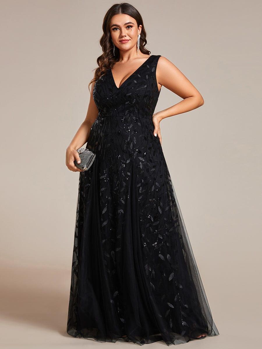 Plus Size V-Neck Sequin A-Line Tulle Formal Evening Dress