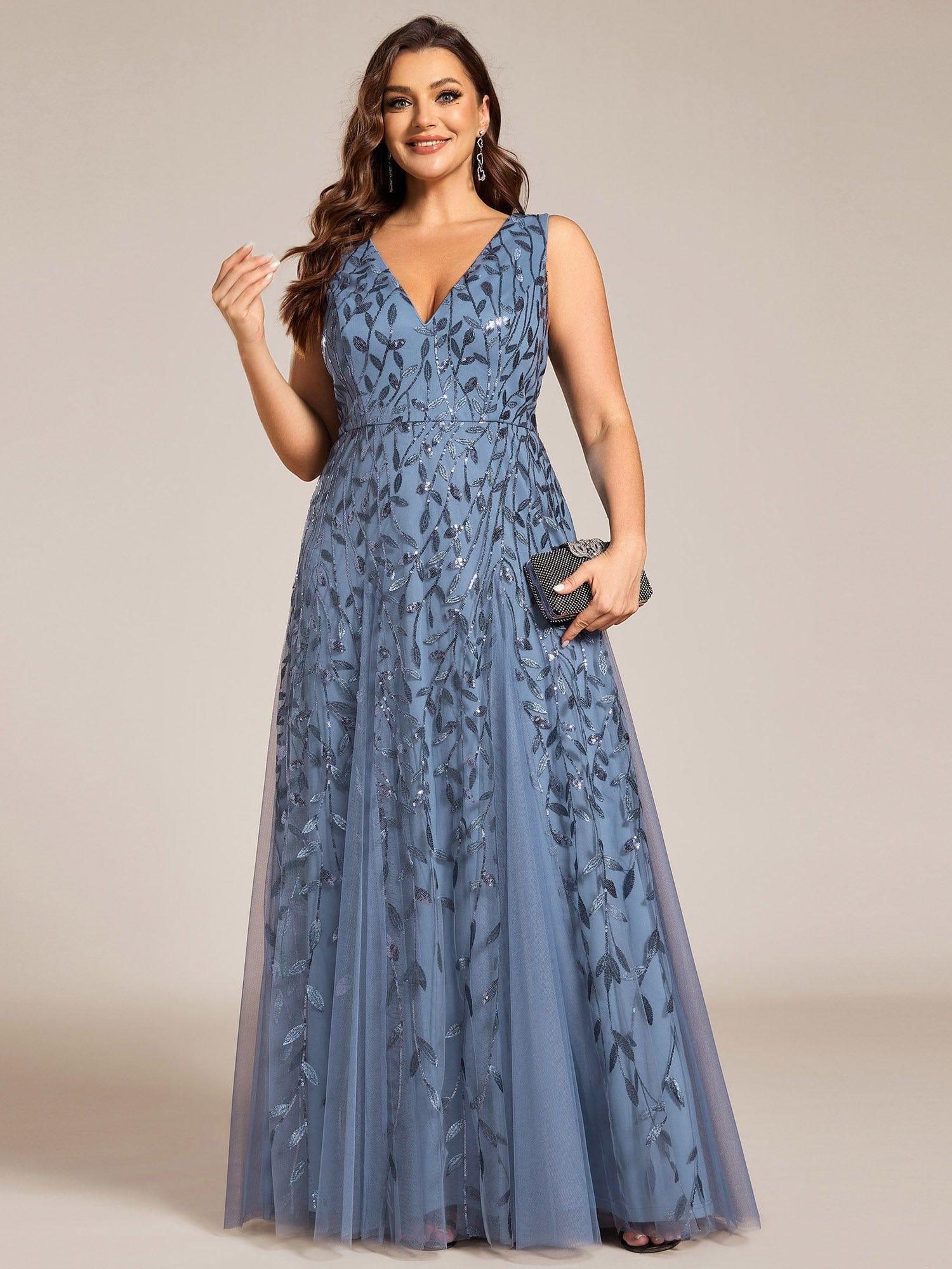 Plus Size V-Neck Sequin A-Line Tulle Formal Evening Dress