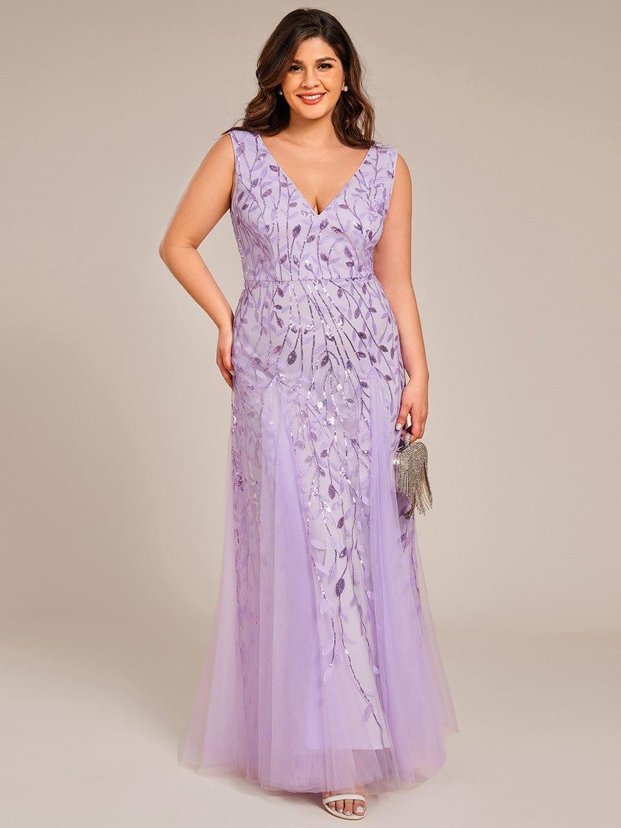 Plus Size V-Neck Sequin A-Line Tulle Formal Evening Dress