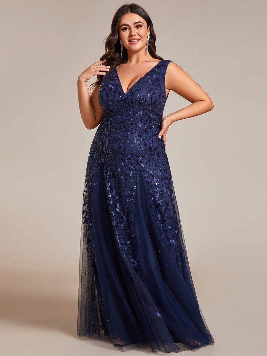 Plus Size V-Neck Sequin A-Line Tulle Formal Evening Dress