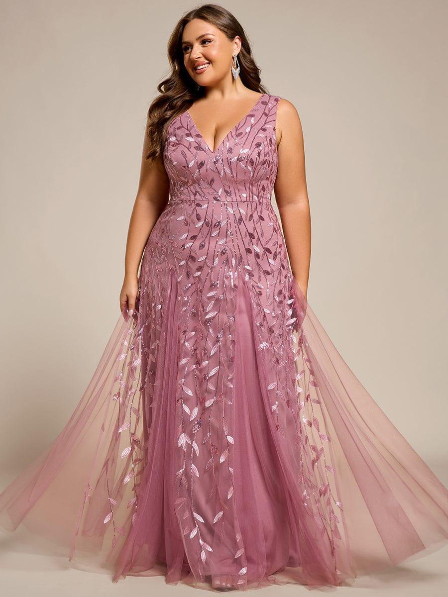 Plus Size V-Neck Sequin A-Line Tulle Formal Evening Dress
