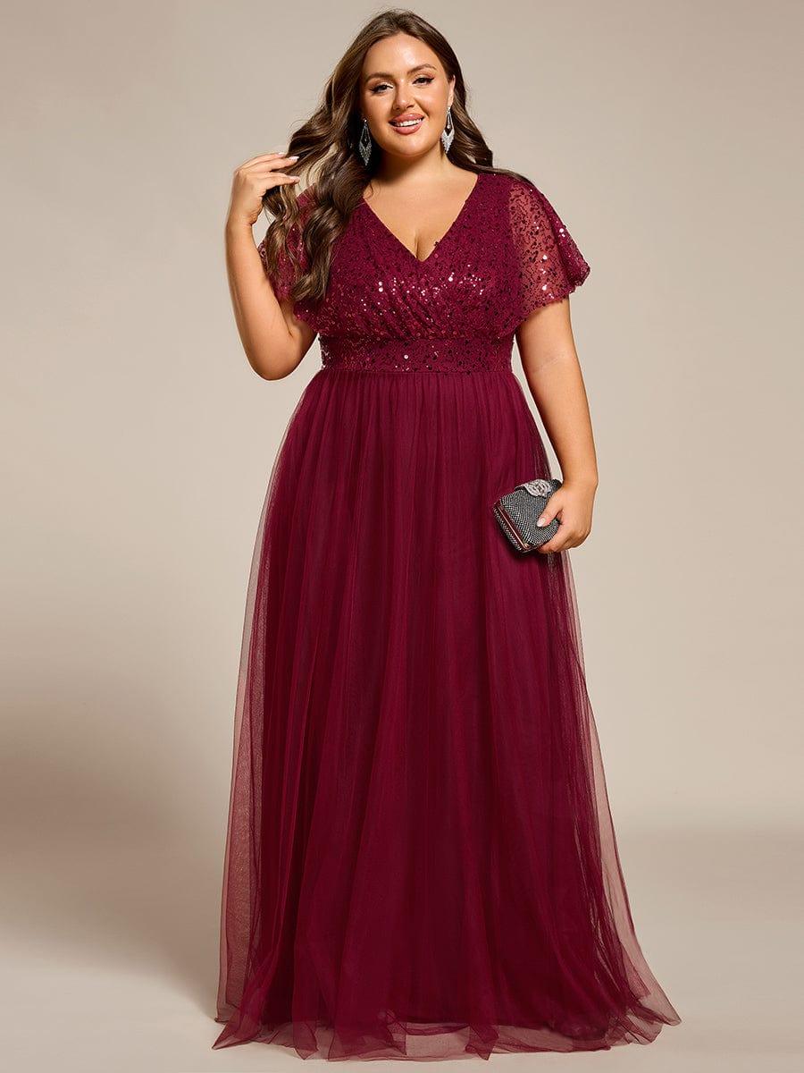Plus Size V-Neck Sequin Top A-Line Tulle Evening Dress