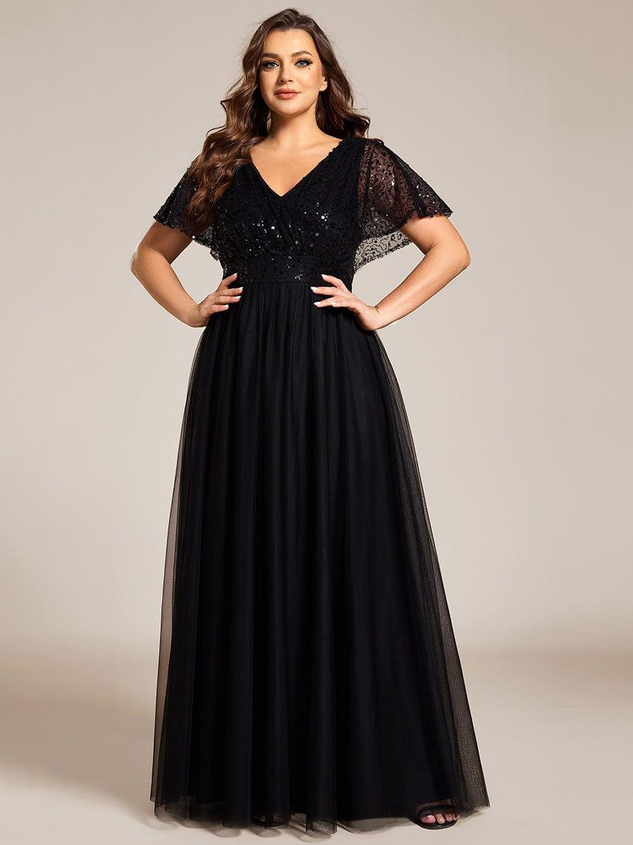 Plus Size V-Neck Sequin Top A-Line Tulle Evening Dress