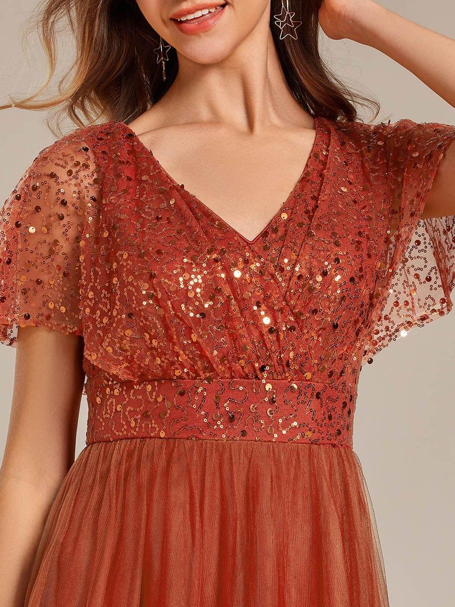 Stunning V-Neck Sequin Top A-Line Tulle Evening Dress
