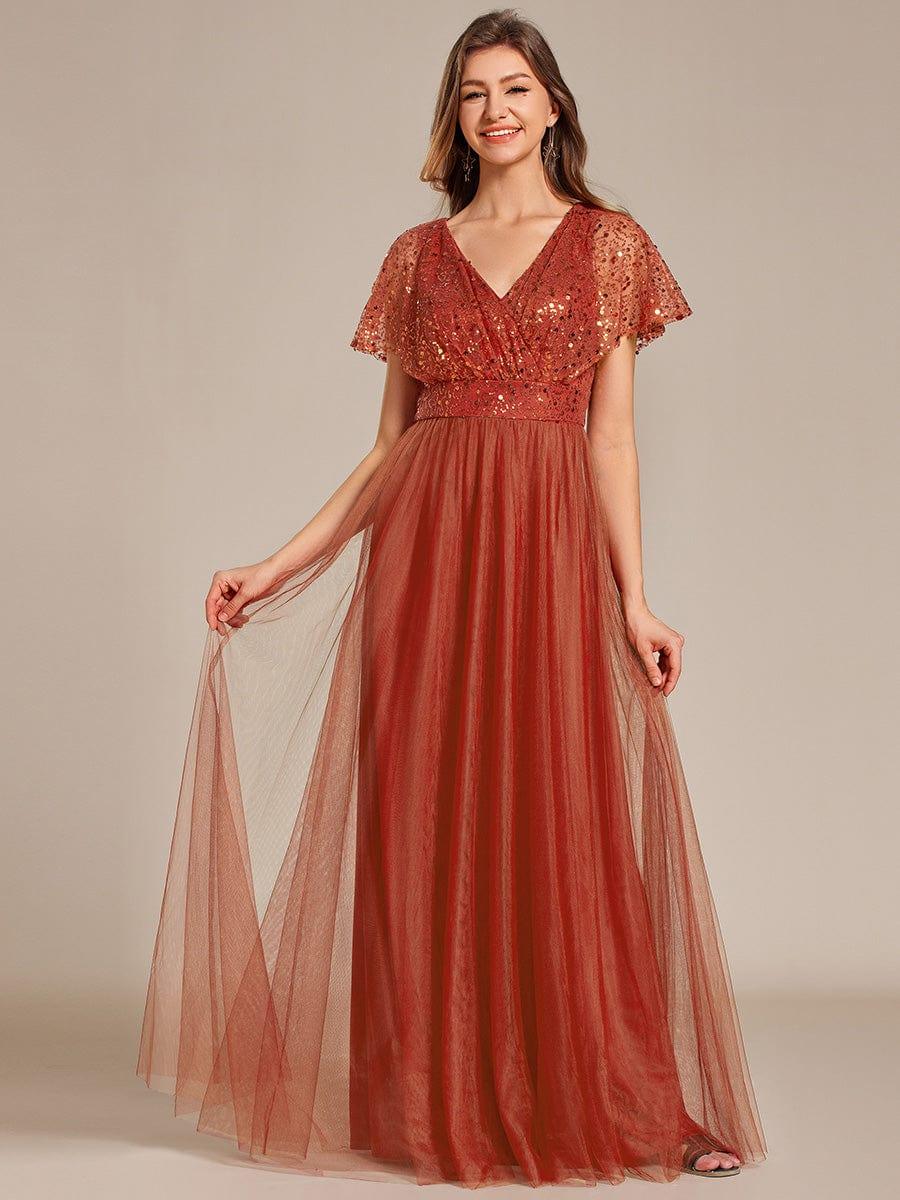 Stunning V-Neck Sequin Top A-Line Tulle Evening Dress