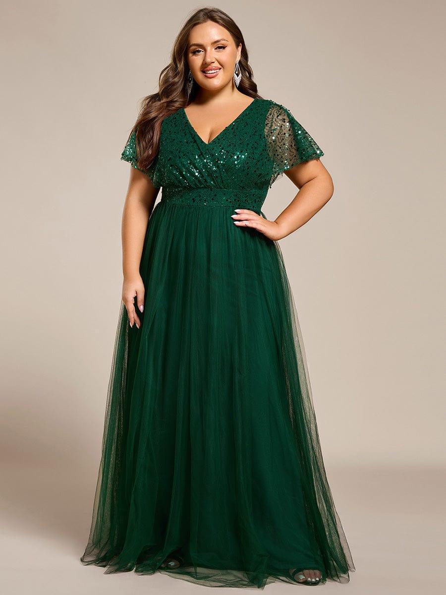 Plus Size V-Neck Sequin Top A-Line Tulle Evening Dress
