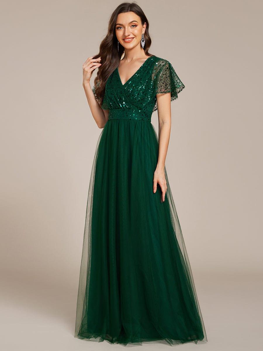 Stunning V-Neck Sequin Top A-Line Tulle Evening Dress