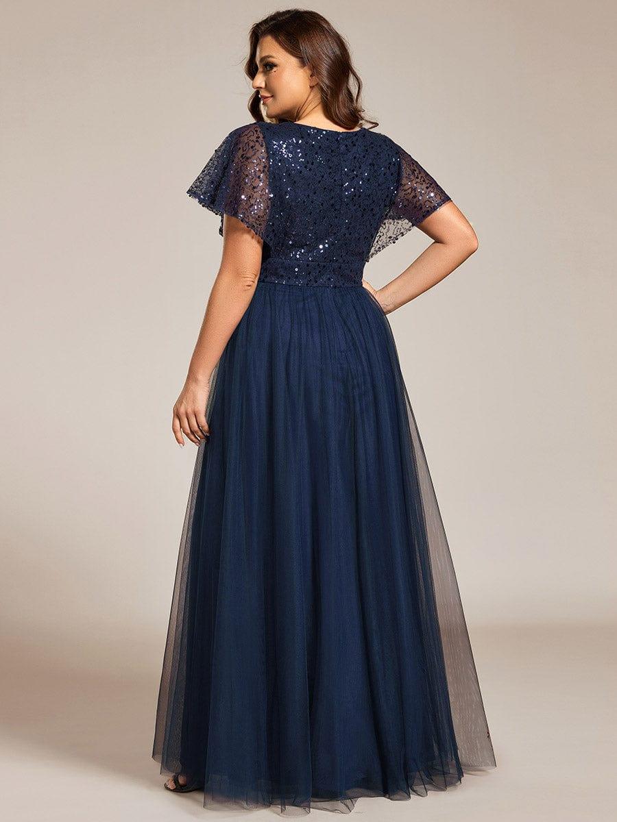 Plus Size V-Neck Sequin Top A-Line Tulle Evening Dress