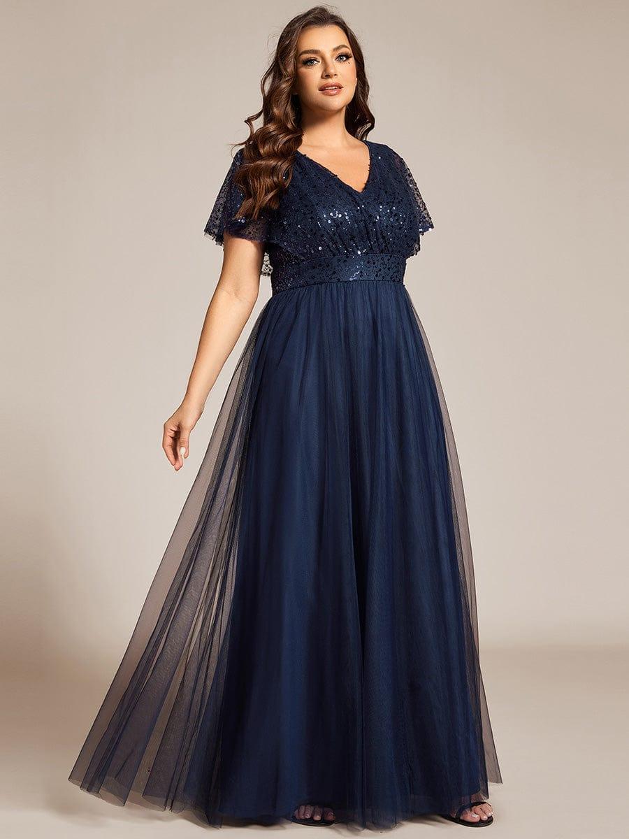 Plus Size V-Neck Sequin Top A-Line Tulle Evening Dress