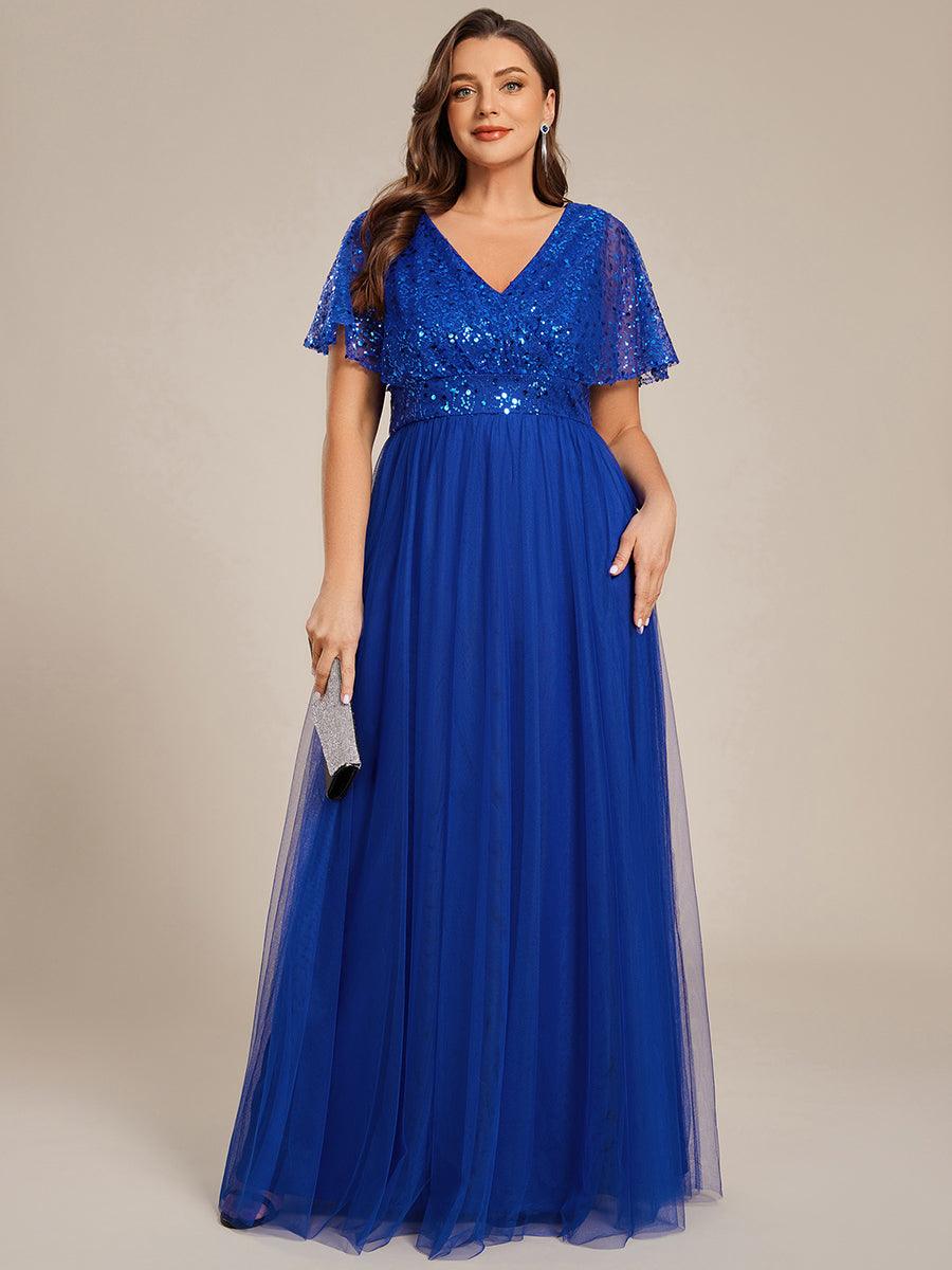 Plus Size V-Neck Sequin Top A-Line Tulle Evening Dress