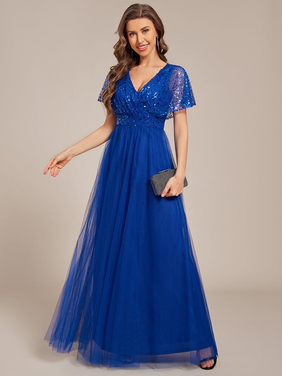 Stunning V-Neck Sequin Top A-Line Tulle Evening Dress