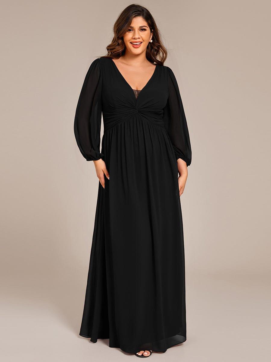 Plus Size Chiffon Pleated A-Line Formal Dress with Long Sleeves