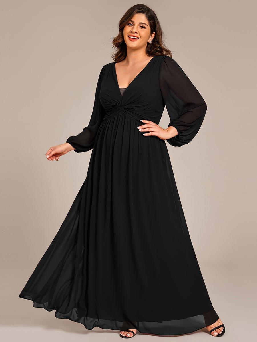 Plus Size Chiffon Pleated A-Line Formal Dress with Long Sleeves