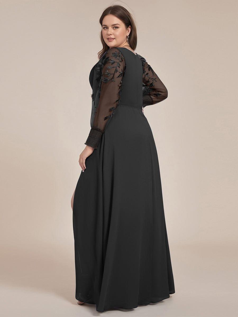 V-Neck Chiffon Slit Evening Dress with Long Lace Sleeves
