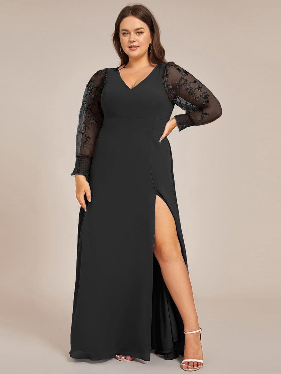 Plus Size V-Neck Chiffon Evening Dress with Long Lace Sleeves