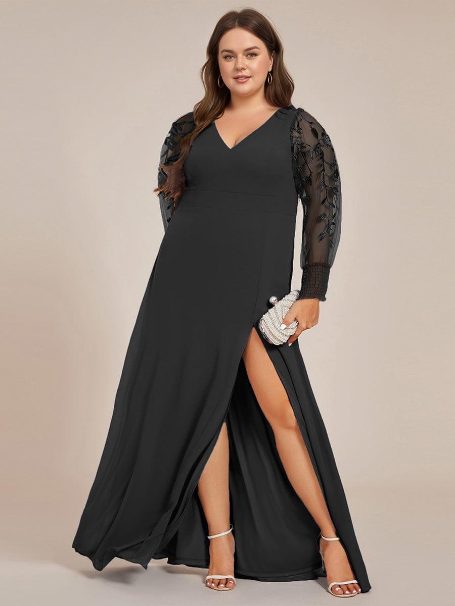 V-Neck Chiffon Slit Evening Dress with Long Lace Sleeves